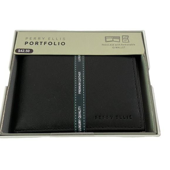 Perry Ellis Black Leather Portfolio Wallet with Removable ID